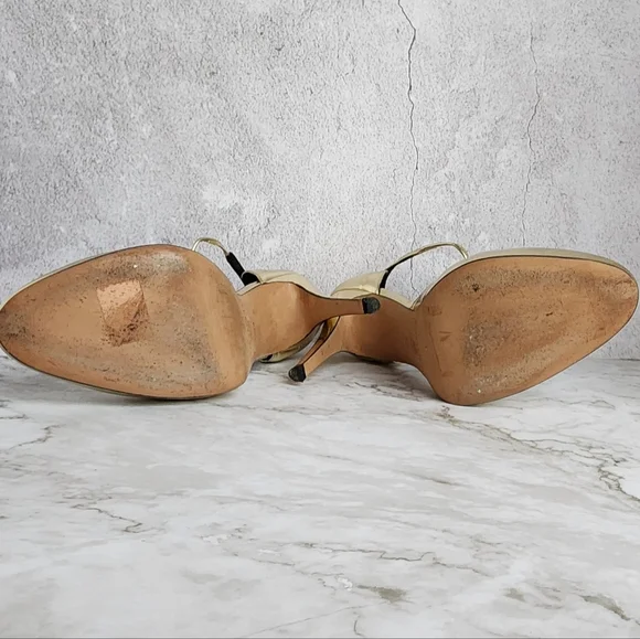 Brian Atwood. Gold Metallic Leather, T Strap Pumps Heels - Picture 8 of 16